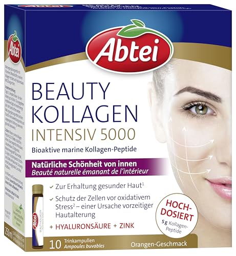 Abtei Beauty Kollagen Intensiv 5000 - für weniger sichtbare Falten - mit 5 g Kollagen-Peptiden, Hyaluronsäure, Zink und Vitamin C - zuckerfrei - 30 Trinkampullen