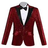 Glänzender Pailletten Anzugsblazer für Herren Ein Knopf Pailletten Festival Party Smoking Schmal Geschnittener, Stilvoller Bankett Abschlussball Hochzeits Sportmantel (Rot,L)