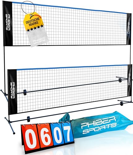 PHIBER-SPORTS Badmintonnetz, Federballnetz – 420cm, 3-Fach Höhenverstellbar + Anzeigetafel – Auch als Tennisnetz, Volleyballnetz Pool, Fussballtennis – Inkl. Transporttasche, für Indoor & Outdoor