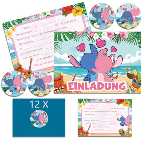 OVOparty 12x Stich Einladungskarten Kindergeburtstag Junge mit Umschlag Deutsch, Stich Geburtstagseinladungen Jungen, Cartoon Einladungskarten Geburtstag Set für Themed Party (A6) (A)