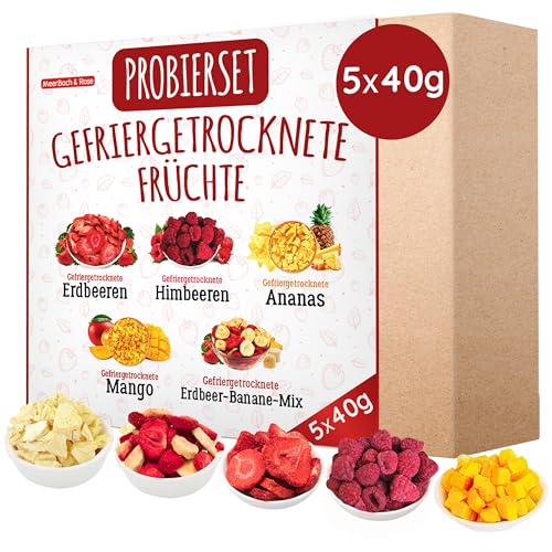 Probierset gefriergetrocknete Früchte 5x40g, fruchtige gefriergetrocknete Erdbeeren, Himbeeren, Ananas, Mango und Erdbeer-Bananen-Mix, frei von Zusatzstoffen, in Deutschland hergestellt