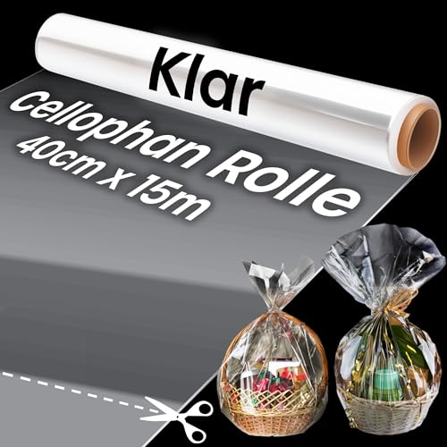 Geschenkfolie Transparent – 40cm x 15m Cellophanfolie für Geschenkkörbe – 3 mm Dicke vielseitig Cellophanfolie Folie für Blumensträuße, Floristenpapier & Lebensmittelverpackungen (1 Rolle)