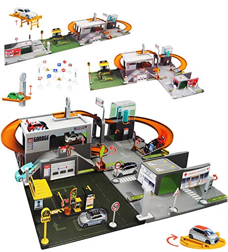alles-meine.de GmbH Set: XL 3-D Spielmatte - Straße mit Parkhaus - UMBAUBAR - 4 Teile mit Brücke - 1/64 - Tunnel - Tankstelle - Feuerwehrstation - Krankenstation - Waschanlag..
