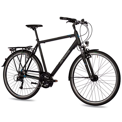 Airtracks Herren Trekking Fahrrad 28 Zoll Trekkingbike TR.2820 Trekkingrad City Bike 24 Gang Shimano ACERA RD-T3000 Kettenschaltung Nabendynamo Schwarz Matt - 56cm Körpergröße 175-185 cm