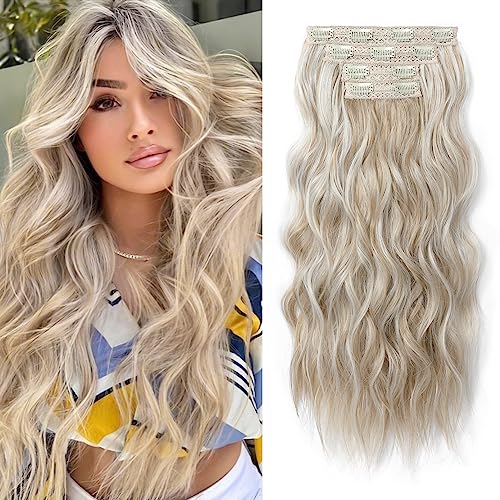 REECHO Clip in Extensions, 4PC Blond Hair Extensions Clip in Haarverlängerungen 60 cm Dicke Lange Strandwellen Haarteile Unsichtbare Spitze Natürliche weiche Haarteile - Aschblond mit Strähnchen