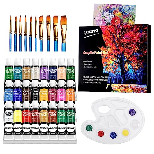 ARTKUNST 36-teiliges Acrylfarben-Set, 24 Tuben Farben mit 10 Pinseln, 1 Leinwand, 1 Mischpalette, ideal für Stein, Leinwand, Papier und Stoffe – für Anfänger & Kinder