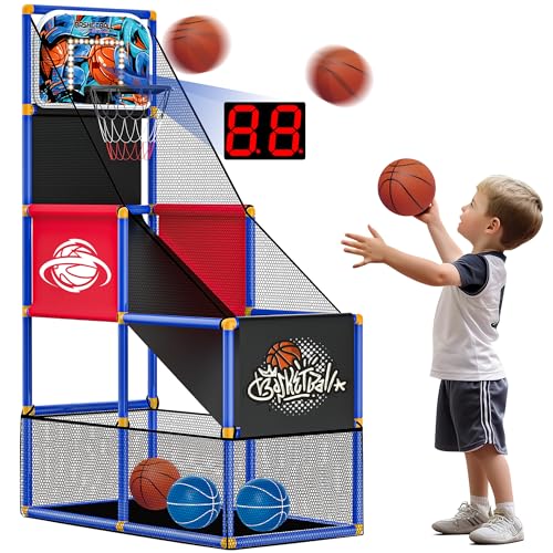 SKERITO Basketball Spielset, Basketballspiel-Set mit 4 Bällen und Reifen für Kinder von 3 4 5 6 7 8 9 10 11 12 Jahren, Indoor-Outdoor-Sport, einfaches Aufbauen, Luftpumpe im Lieferumfang enthalten