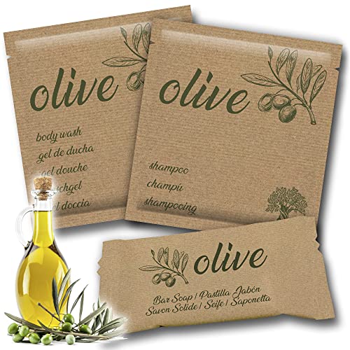 GPQ - Hotel Amenities Set | Olive Kit | Duschgel + Shampoo + Seife Pack | 100 x 3 Produkte | Bulk Hotelausstattung | Ohne Parabene | Apartment, Herrenhaus, Airbnb, Ausflug, Gästehaus