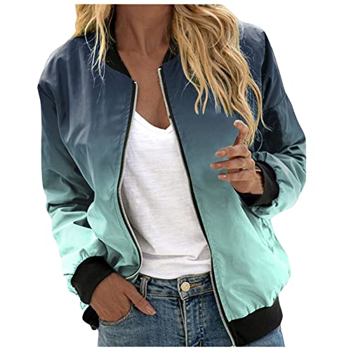 Duohropke Übergangsjacke Damen Leichte Kurz Bomberjacke Frühling Sommer Drucken Stehkragen Zip Up Jacke mit Tasche Casual Langarm Kurze Blouson Jacket College Pilotenjacke Sommerjacke