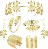 Adramata 7 Stück Griechisches Göttinnen Kostümzubehör Set für Frauen, Blattgold Krone Gold Manschette Oberarmreif Armbänder Perlenohrringe Brautschmuck, Halloween Cosplay,A