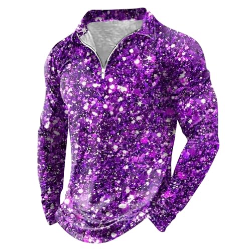 Herren Unterhemd Shirt 3D-Digitaldruck, Reißverschluss, Langarm-Shirt, Langarm-T-Shirt Tops Kleid (Purple, M)