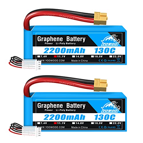 Yowoo 2Pcs 11.1v 3S 2200mAh 130C Lipo Akku mit XT60 Stecker RC Batterie für E-Flite Valiant Parkzone E4F Wildkatze Großflugzeuge E-Cub RC Auto Boot LKW Heli Flugzeug Quadcopter Hubschrauber