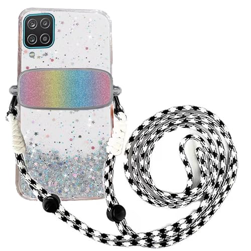 Tivenfezk Nadoli für Samsung Galaxy A22 5G Glitzer Handykette Hülle,Silikon Bling Durchsichtig Crossbody Tasche zum Umhängen Schutzhülle mit Telefon Clip Halter Band