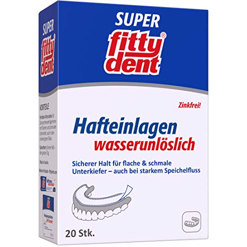 FITTYDENT Super Hafteinlagen | Speziell für schmale & flache Unterkiefer | Starker, langer und sicherer Halt für Unterkieferprothesen | Wasserunlöslich, kein Ausspülen oder Verrutschen | 20 Stück