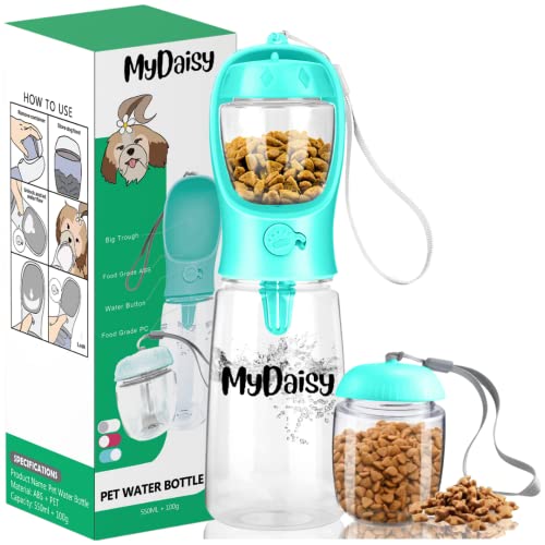 MYDAISY 550ml Auslaufsichere trinkflasche Hunde für Unterwegs mit 100g Futterbehälter - Hunde Trinkflasche mit Großes Fassungsvermögen 550ml Geeignet für Hunde, Welpen und Katzen Hundezubehör to Go