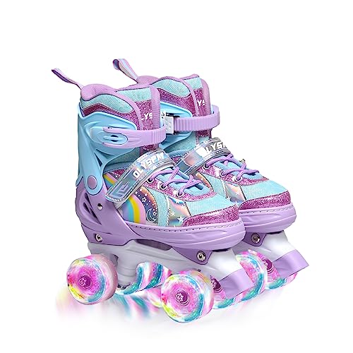 OLYSPM Rollschuhe Kinder Rollschuhe Verstellbar Rollschuhe Damen,LED Rollschuhe und 4 Größen verstellbar,Rollschuhe mit Aufbewahrungstasche für Mädchen,Jungen und Anfänger(Lila)