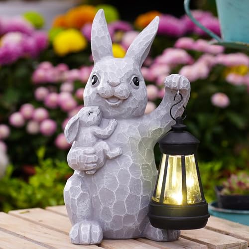 Yeomoo Kaninchen Mutter mit Baby Figuren Deko Wohnzimmer Gartendeko für Draußen: Lustige Geschenke für Mama Frauen Männer Hase Gartenfiguren mit Solarlampen Wetterfest Zimmer Garten Balkon Deko Grau