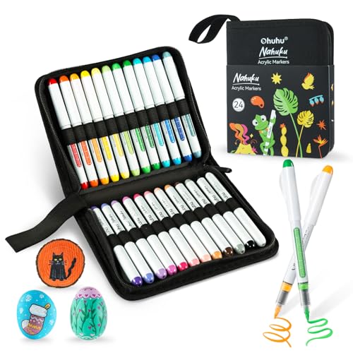 Ohuhu Acrylstifte, 24 Farben 1.5MM Pinselspitzen Acrylic Marker hohe Deckkraft Wasserfest lichtecht Acrylstifte Set für Steine Bemalen Felsmalerei Ostereier Holz Glas Keramik Leinwand Fotoalbu