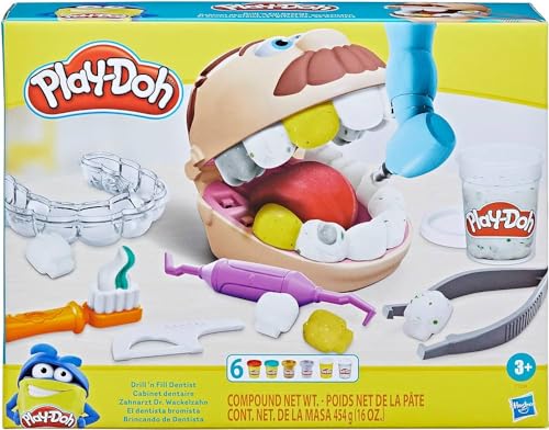 Play-Doh F1259 Zahnarzt Dr. Wackelzahn, Spielzeug für Kinder ab 3 Jahren mit Kariesknete und metallfarbener Knete, 10 Knetwerkzeugen, 8 Dosen à 56 g