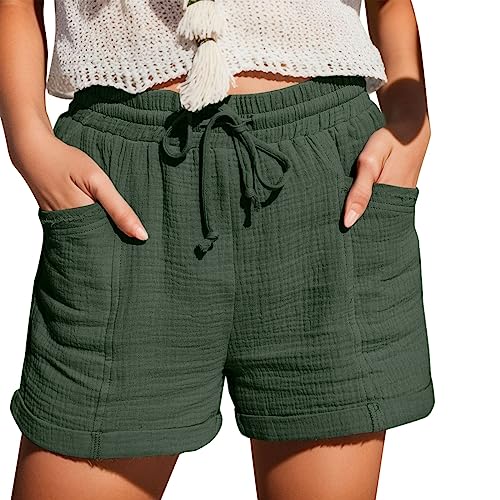 NUOKE damen-shorts,Shorts Damen 2025 Sommer Leinen Musselin Kurze Hose Beach Mit Taschen Mode Lässige Stoffhose Freizeit Stretch Gerades Bein Kordelzug Leinenhose Armee grün L