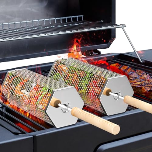 Ivtivfu Nestendes Rollendes Grillkorb Set, Abnehmbarer Holzgriff (Sechseckig), Edelstahl 304, Grill Zubehör für Gemüse Garnelen, Outdoor Camping Gasgrill, Geschenke für Männer Ehemann Papa Vatertag