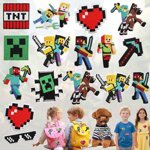 Zeaying 16 Stück Videospiel-Aufnäher zum Aufbügeln, Videospiel Spiel Flicken zum Aufbügeln, Patches zum Aufbügeln,Videospiele Embroidered Aufnäher für Kleidung, Für Jungen, Kinder, DIY-Rucksack