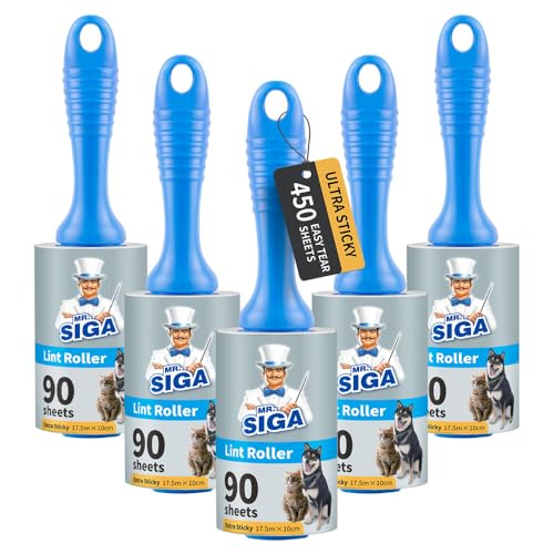 MR.SIGA Extra Sticky Lint Roller,Fusselrolle Fusselentferner Tierhaar-Fusselroller mit einfachen Aufreißblättern, 450 Blatt insgesamt, 5er-Pack, Blau