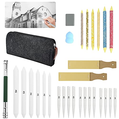 LANSKYLAN Papierwischer Bleistift Set Verwischerstift Verblender Stift Zeichnen 24pcs Papier Stifte Blender Größen 1, 2, 3, 4, 5, 6 2pcs Schleifpapier Sandpapier Blending Stümpfe für Skizze Zeichnen