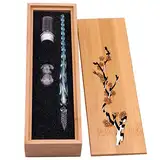 HSTYAIG Glas Dip-Stift Jahrgang Handgemachte Glas Unterschrift Stift Elegante Kristall Dip Zeichen Geschenk Stift Mit Geschnitzten Holzkiste(Blau)