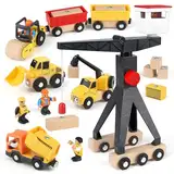 Vanplay Baustellenfahrzeuge Kinder Kran Spielzeug Holzspielzeug Baustelle Spielzeug ab 2 Jahre Junge mit Turmkran Bagger Kranwagen Muldenkipper Straßenwalze Geschenk 2 3 4 5 Jahre Junge