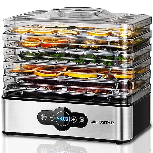 Aigostar Crispy - Dörrautomat, Dörrgerät mit Temperaturregler, 240W, 35-70°C, 99h-Timer, 5 Einlegefächer, Dörrautomat Edelstahl für Fleisch, Obst, Gemüse, Dehydrator - BPA frei