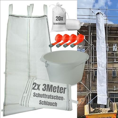 Schuttrutsche 6m | flexible 2X 3 Meter Schlauch, hohe Stabilität, einfache Installation | Bauschuttrutsche inkl. Einfülltrichter, 20x Gewebesack und 4x Spanngurt optimales SET