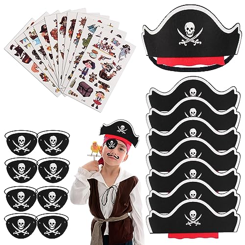 Piraten Kindergeburtstag Set 8 pcs Piratenhut Kinder 8 pcs Augenklappe Pirat Filz Augenmaske 10 pcs Piraten Tattoos Schädel Piraten Hut Accessoires für Geburtstag Halloween Maskerade Piratenparty