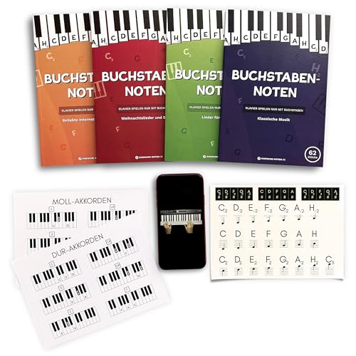 MEGA Paket der Buchstaben-Noten. Klavierspielen nur mit Buchstaben. 4 Bücher für Anfänger. 324 einfache Lieder & Videoaufnahmen + Klavier & Keyboard Aufkleber für Tastatur.