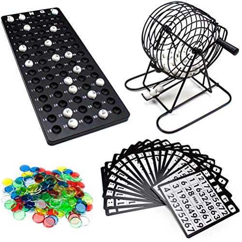 Bingo-Spiel-Set für Erwachsene, Senioren, Familien und Kinder mit 18 Bingo-Karten 150 Chips 75 Bälle 1 runder Metallkäfig (Bingo-Spielset)