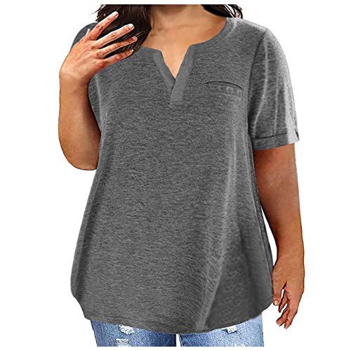 Damen T-Shirt Baumwolle Große Größe Atmungsaktiv Bequem Tshirt Mit Taschen Sommer Volltonfarbe Lockere Lässig Sport T Shirt V-Ausschnitt Kurzarm Basic Oberteil Weiß Sommershirts Tops Für (Grey, XXXL)