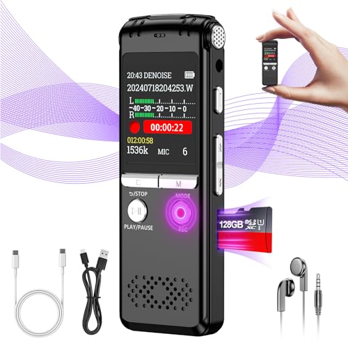 128GB Digital Voice Activated Recording Device, 1536Kpbs Diktiergerät Aufnahmegerä mit Playback, Intelligente Geräuschunterdrückung, Voice Recorder für Meetings, Klassen, Interview, Vortrag, MP3