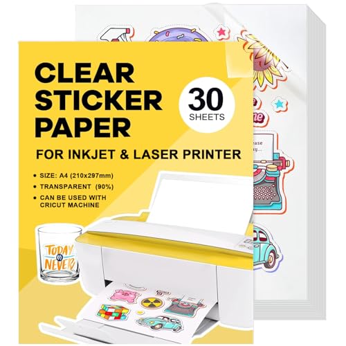 Stickerpapier Papier Zum Bedrucke 30Stk A4 Bedruckbare Klebefolie Transparent Vinyl Sticker Papier Selbstklebend Für Laserdrucker Tintenstrahldrucker Schnell Trocknen 21 x 29,7 cm