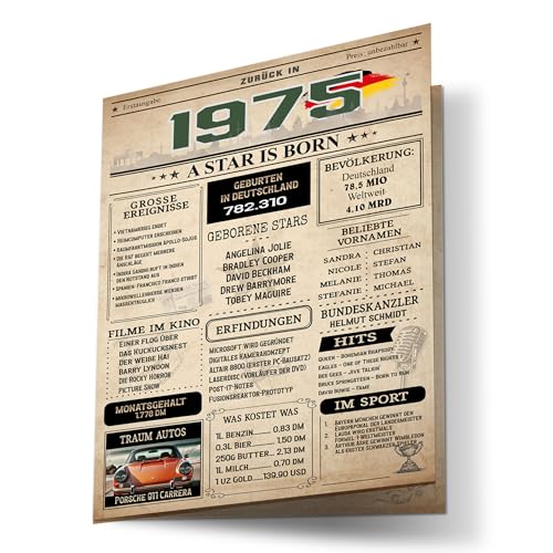 FORYOU24 Geburtstagskarte zum 50 Geburtstag Mann und Frau – Geburtstagsgeschenk für Männer – 1975 Karte im Design Vintage Zeitung aus 1975 – Tolles Geschenk für Männer und Frauen zum 50. Geburtstag
