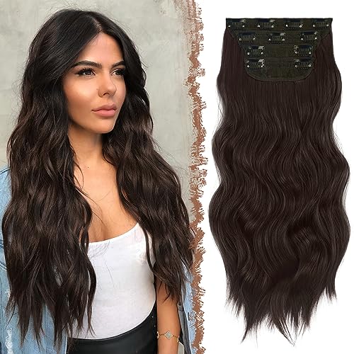 FESHFEN Clip in Extensions, 4PCS 50 cm Voller Kopf Haarverlängerungen mit Clips Synthetik Gewellte Haarextension Dunkelbraun Wavy Haar Extensions Clip in Haarteil für Frauen, 180g