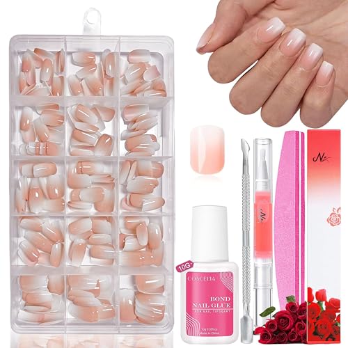 Falsche Nägel Tips Set - 240 Stück Französisch Falsche Nägel Zum Aufkleben - 15 Größen Weiß Nude Farbverlauf Künstliche Nägel Fingernägel für Nail Extensions mit Box (Gradient Baby Nude Quadratisch)