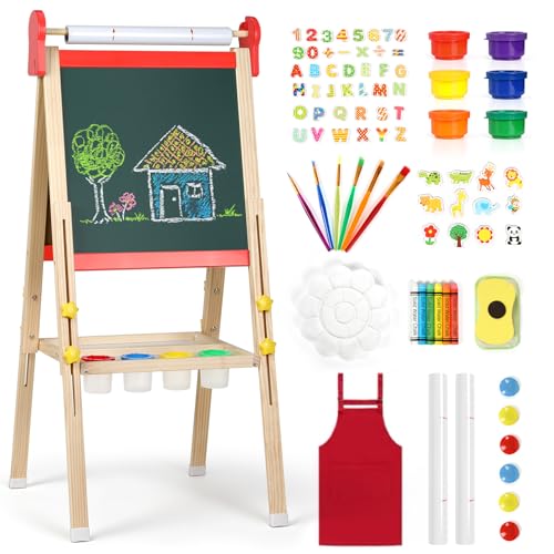 Kinder Staffelei, 3-in-1-Staffelei zum Malen mit Magnettafel, Zeichenpapier, tafel kinder, magnettafel kinder, Höhenverstellbar Standtafel,Geschenk für Kinder,Rot