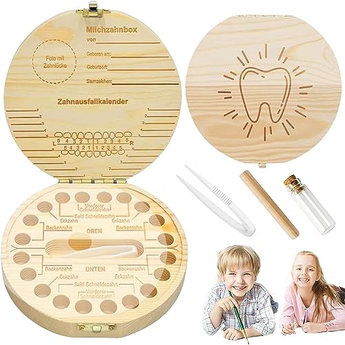 Milchzahndose, zahnbox holz milchzähne box, zahnbox für milchzähne junge & mädchen mit display funktion souvenir box, aufbewahrungsbox für baby-zähne baby geschenke zur geburt (Zahn Motiv)