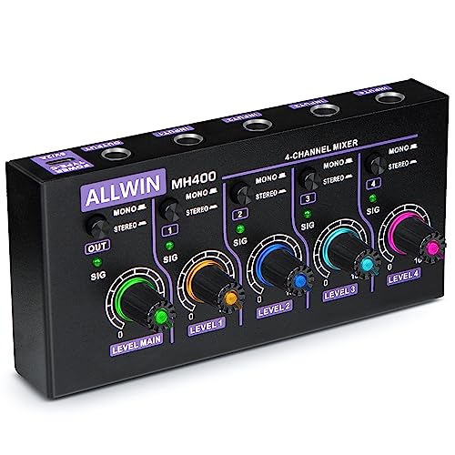 ALLWIN 4-Kanal Line Mixer, Mini Audio Mixer Low Noise DC5V 4in1out Unterstützung von Mono und Stereo für Sub Mixing, für Mikrofone/Gitarren/Bass/Keyboards/Mixer/Instrumente