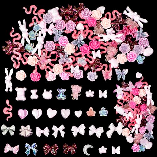 100 Stück 3D Charms Nägel Rosa Schmetterling Bär Blume Nail Art Charms Herzförmiges Nagel Deko Acryl DIY Nail Charms Y2k