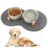 Hundenapf Keramik, 400ML Doppel Futternapf Hund, mit Bambus Ständer und Rutschfestem Matte, Keramik Futternapf Katze, Erhöhter Futternapf Set, Fressnapf Hund für Kleine Bis Mittlere Hunde (Grau)