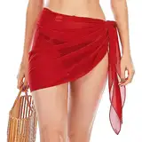 Heveer Damen Strand Wrap Sarong Kurz Cover Up Chiffon Badeanzug Wickelröcke Pareo für den Strand Bikini Swimsuit Rot Transluzent