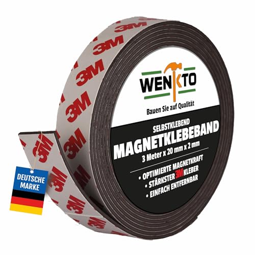 WENKTO® Magnetklebeband 3 Meter; Starkes 3M Magnetband DIY-Projekte & Heimwerken; Flexibles Klebeband mit Magneten; Magnetisches Band für Wände, Türbefestigungen & mehr (1x 3 Meter, 2 cm Breite)
