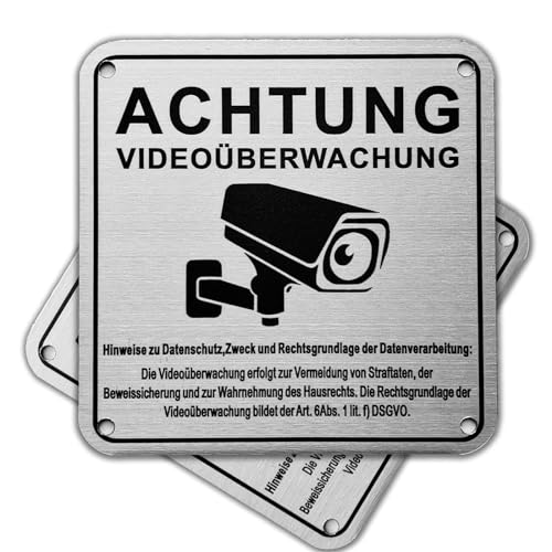 Felexdo Videoüberwachung Schild, Schild Privatgrundstück Selbstklebend 10X10cm Gebürstetes Aluminium Sicherheitsbereich Grundstück Videoüberwacht Metallschild mit DSGVO für den Innen und Außenbereich