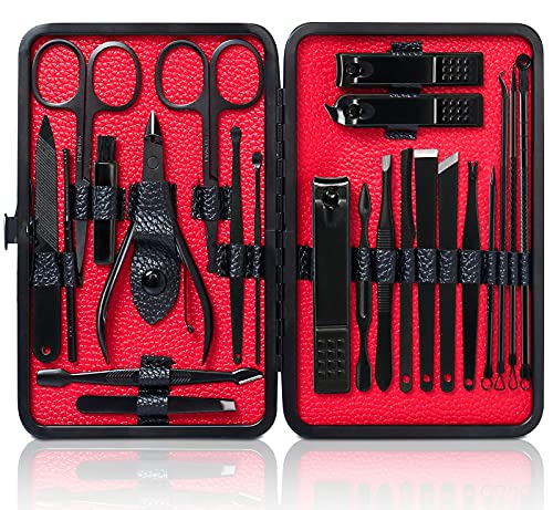 JUPELI Maniküre Set, 23 Teiliges Nagelset Männer, Nagelschere Set, Nagelpflegeset Nageletui Herren Nagelknipser Edelstahl Tragbarer Pflege Werkzeuge aus Schwarzem Leder für Reise (Schwarz Rot)